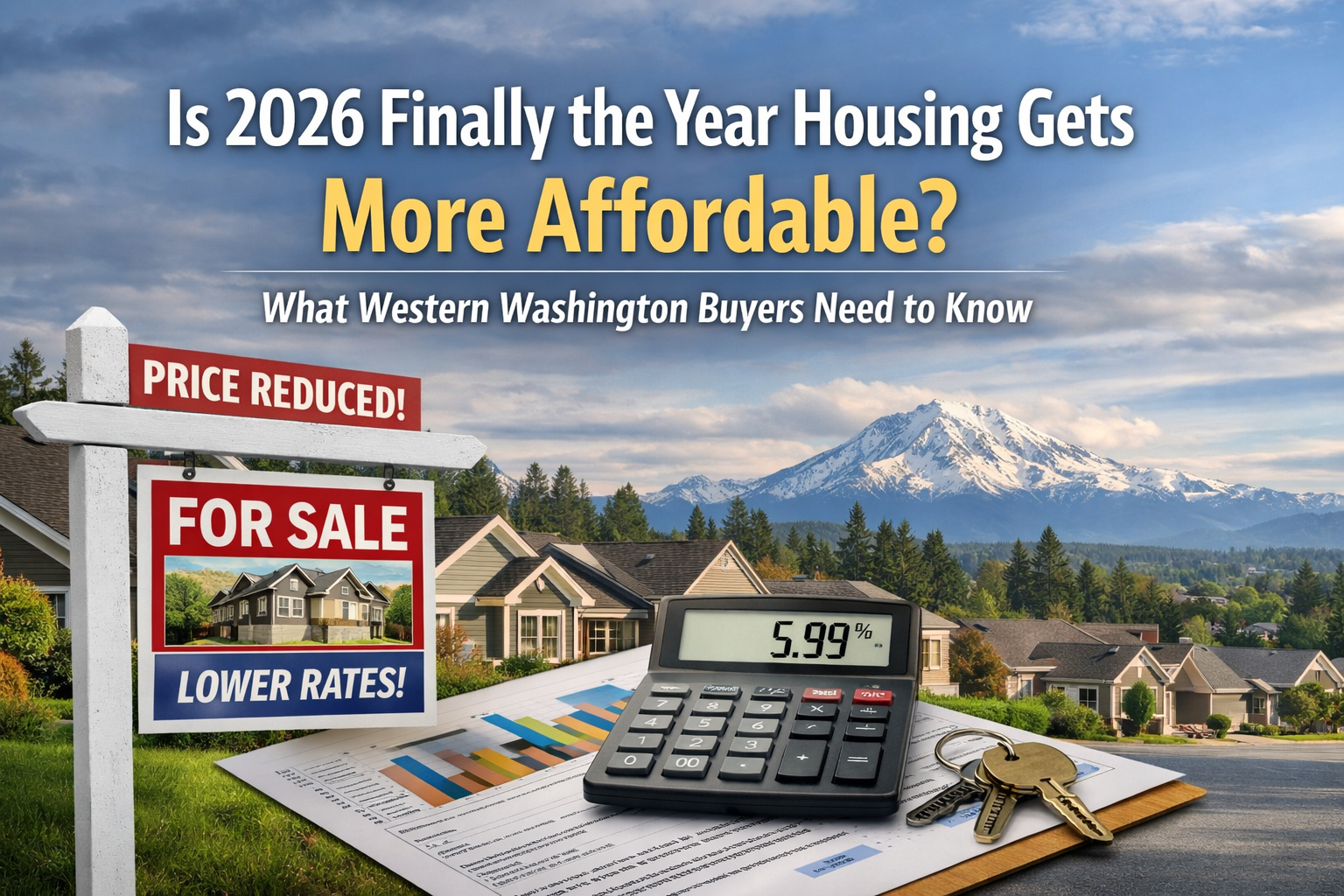 A 'For Sale' yard sign reading 'Price Reduced!' and 'Lower Rates!' beside a calculator displaying 5.99%, a set of house keys, and a printed market chart, with a Western Washington neighborhood and a snow-capped Mount Rainier in the background.